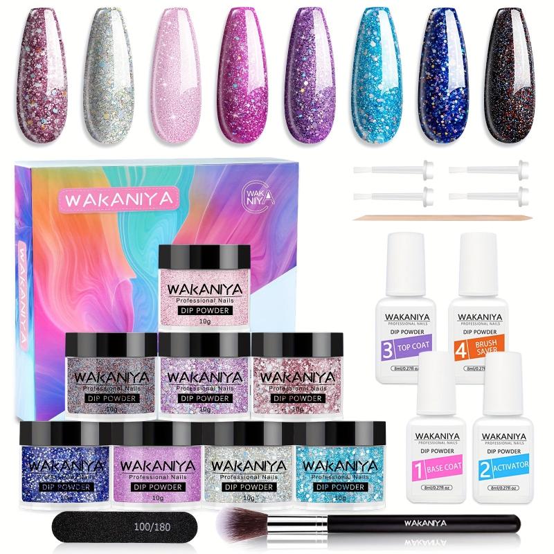 Glitter Purple Pink Nail Dip Powder Kit 8 Colors Set With Liquids & Remover Pads