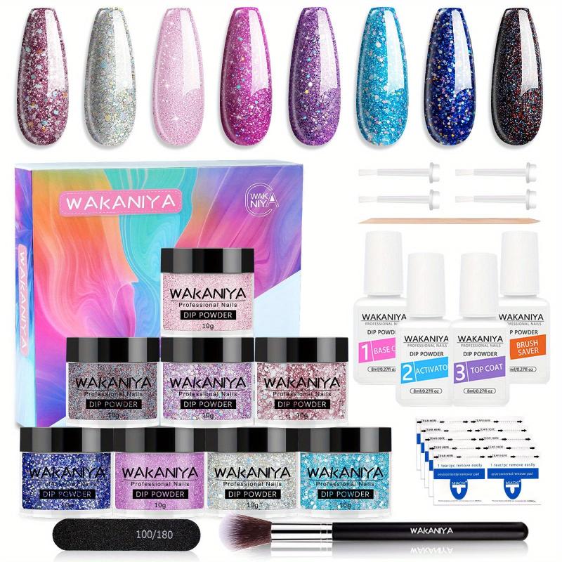 Glitter Purple Pink Nail Dip Powder Kit 8 Colors Set With Liquids & Remover Pads