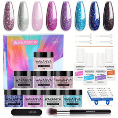 Glitter Purple Pink Nail Dip Powder Kit 8 Colors Set With Liquids & Remover Pads