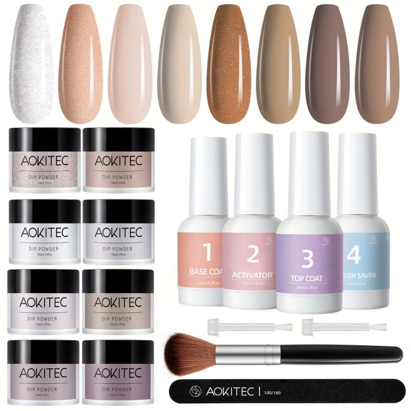Aokitec 16Pcs Dip Powder Nail Kit Fall Nude Glitter Dipping Powder Starter Set
