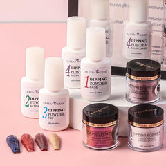 8pcs Nail Art Dip Powder Set with Base Coat Top Coat Activator Brush Saver