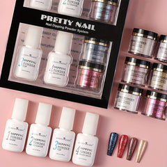 8pcs Nail Art Dip Powder Set with Base Coat Top Coat Activator Brush Saver
