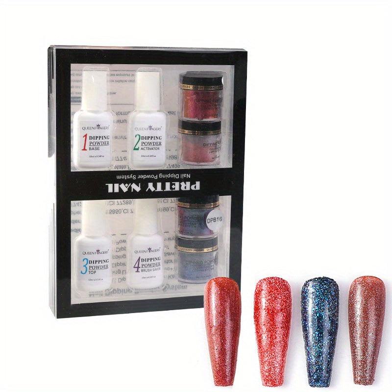 8pcs Nail Art Dip Powder Set with Base Coat Top Coat Activator Brush Saver