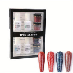 8pcs Nail Art Dip Powder Set with Base Coat Top Coat Activator Brush Saver