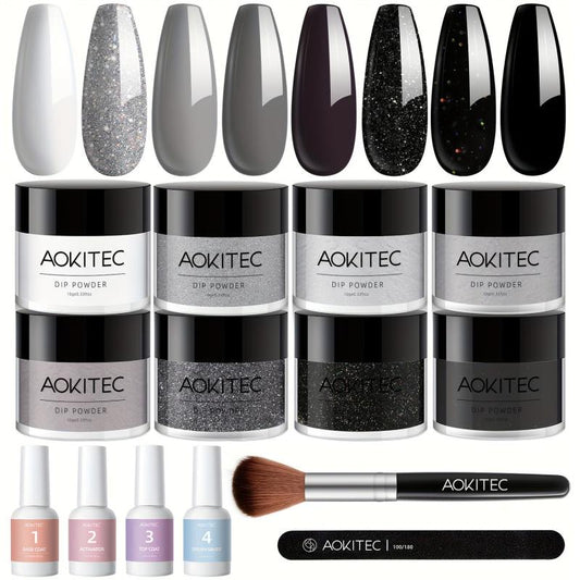 14Pcs Gray Dip Powder Nail Kit Starter Set with 8 Colors Collection
