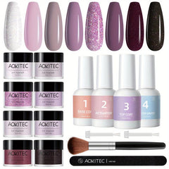 Aokitec 16Pcs Dip Powder Nail Kit Purple Glitter Dipping Powder Starter Set