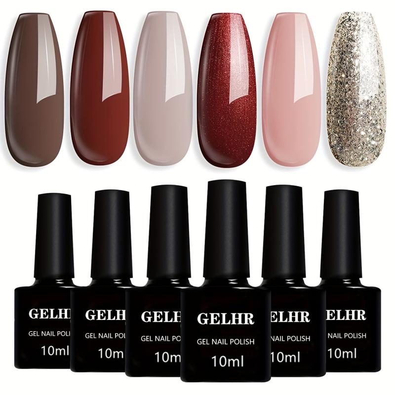 6 Colors Holiday Gel Nail Polish Set Brown Red Glitter Pink Grey Kit