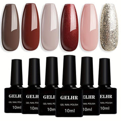 6 Colors Holiday Gel Nail Polish Set Brown Red Glitter Pink Grey Kit