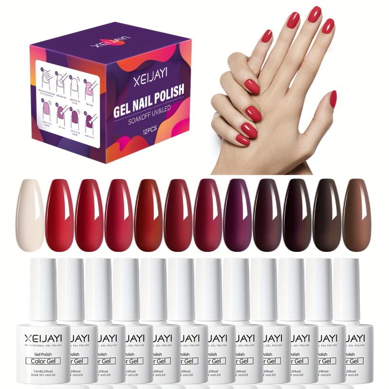 Gel Nail Polish Starter Kit 12 Colors Red Brown Collection