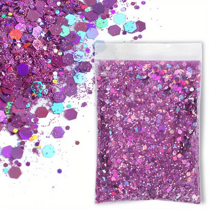 50G Bag Holographic Nail Glitter Powder Mixed Size Hexagon Flakes