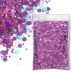 50G Bag Holographic Nail Glitter Powder Mixed Size Hexagon Flakes