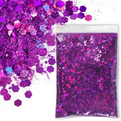 50G Bag Holographic Nail Glitter Powder Mixed Size Hexagon Flakes