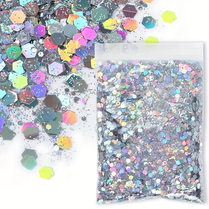 50G Bag Holographic Nail Glitter Powder Mixed Size Hexagon Flakes