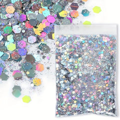50G Bag Holographic Nail Glitter Powder Mixed Size Hexagon Flakes