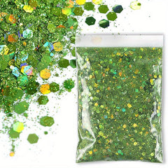 50G Bag Holographic Nail Glitter Powder Mixed Size Hexagon Flakes