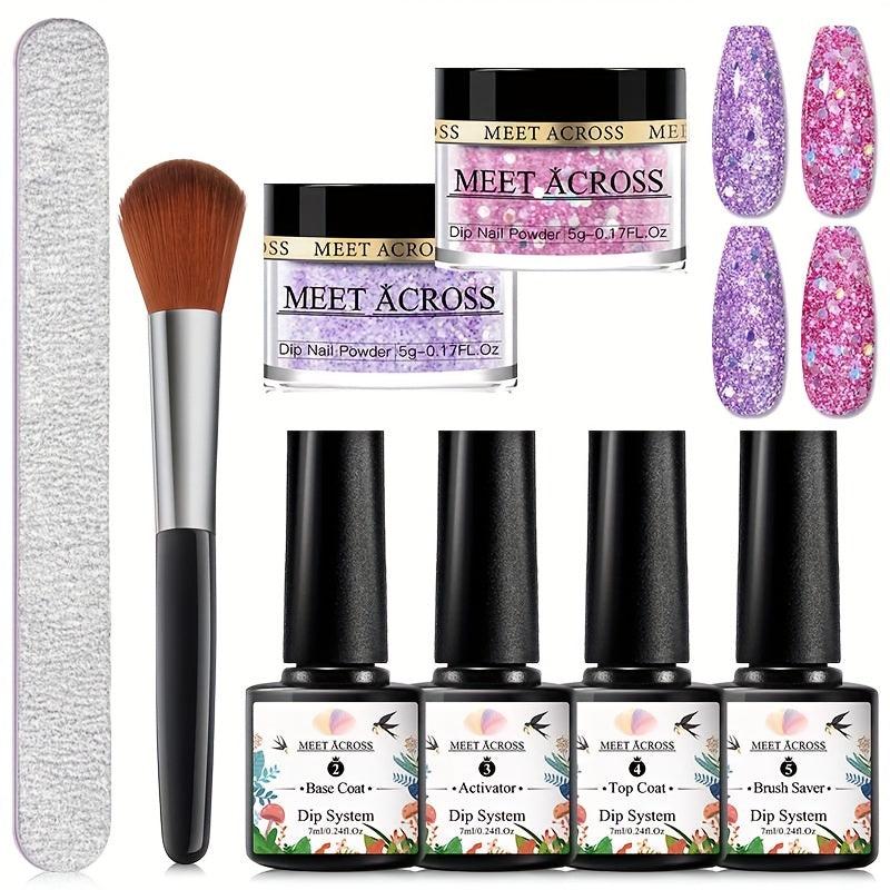 8 Pcs Glitter Dip Powder Starter Kit with Nail File and Brush - French Nail