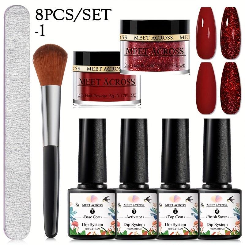 8 Pcs Glitter Dip Powder Starter Kit with Nail File and Brush - French Nail