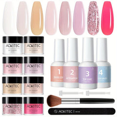 Aokitec 16Pcs Pink Glitter Dip Powder Nail Kit DIY Salon Dip System