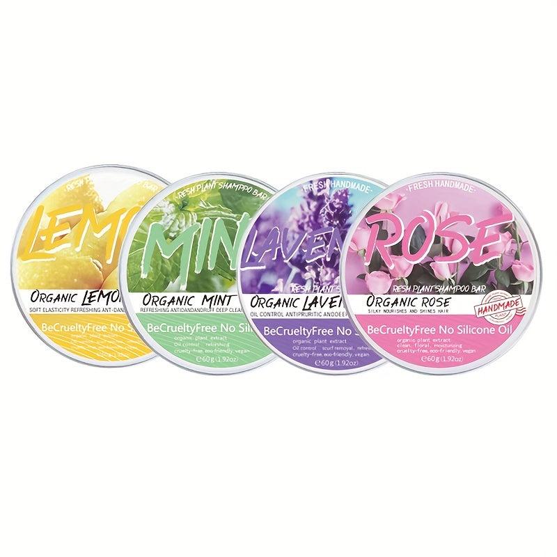 60g 4pcs Silicone Organic Shampoo Soap Set: Rose Lemon Lavender Mint Soap & Foam
