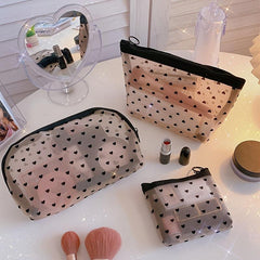 Love Heart Pattern Mesh Cosmetic Bag Large Capacity Toiletry Organizer