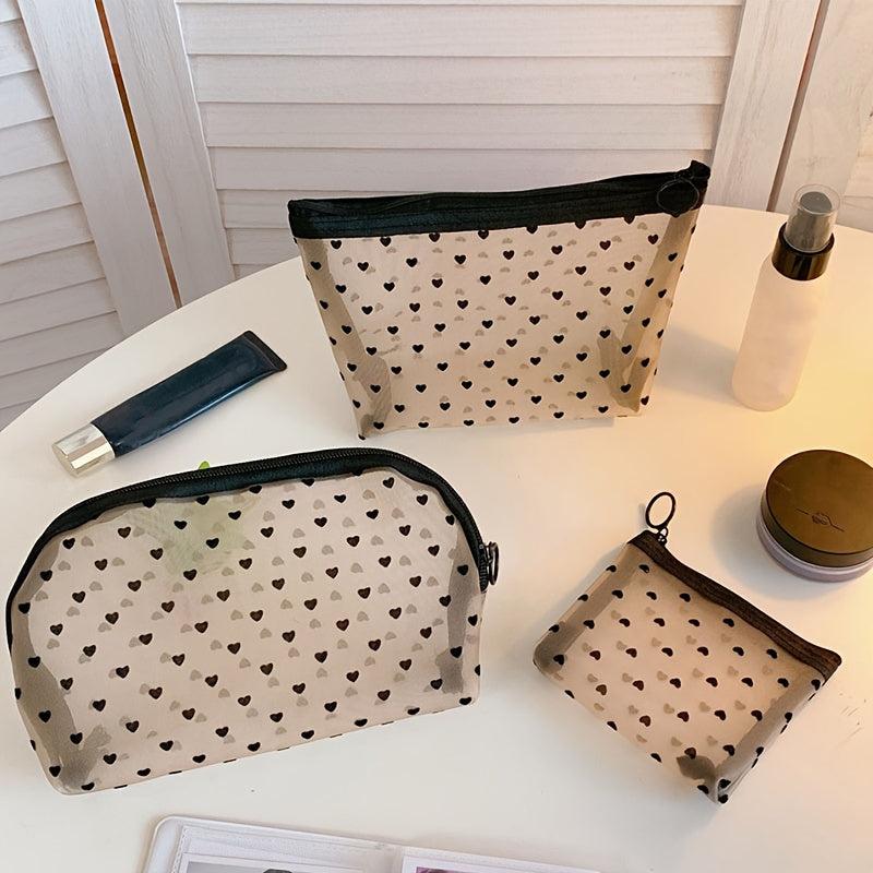 Love Heart Pattern Mesh Cosmetic Bag Large Capacity Toiletry Organizer