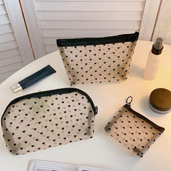 Love Heart Pattern Mesh Cosmetic Bag Large Capacity Toiletry Organizer
