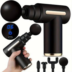 Rechargeable Mini Massage Gun LCD Portable Body Massager 6 Speed 4 Heads