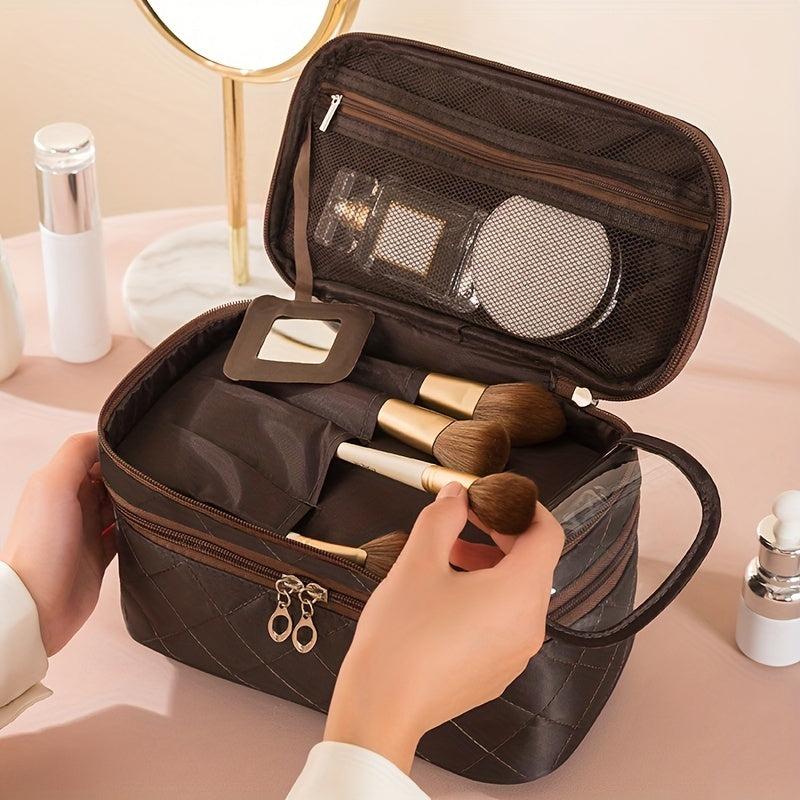 Double Layer Travel Makeup Bag With Carry Handle