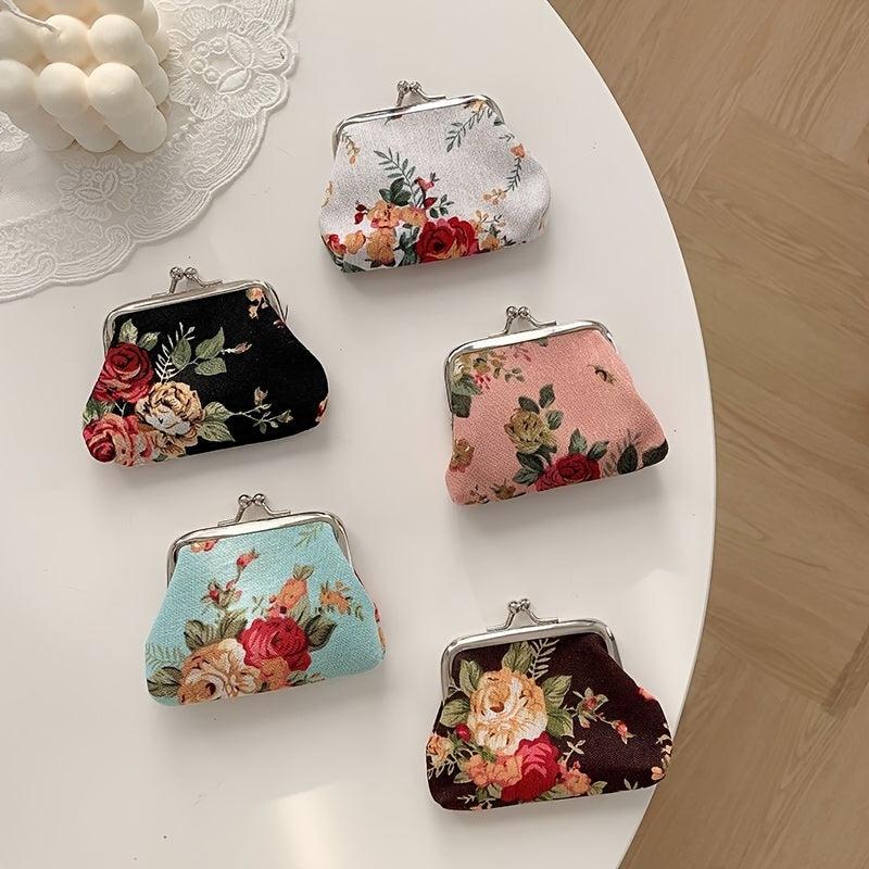 Vintage Rose Print Coin Purse Makeup Bag Kiss Lock Holder