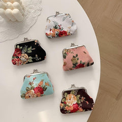 Vintage Rose Print Coin Purse Makeup Bag Kiss Lock Holder
