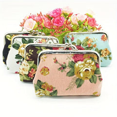 Vintage Rose Print Coin Purse Makeup Bag Kiss Lock Holder