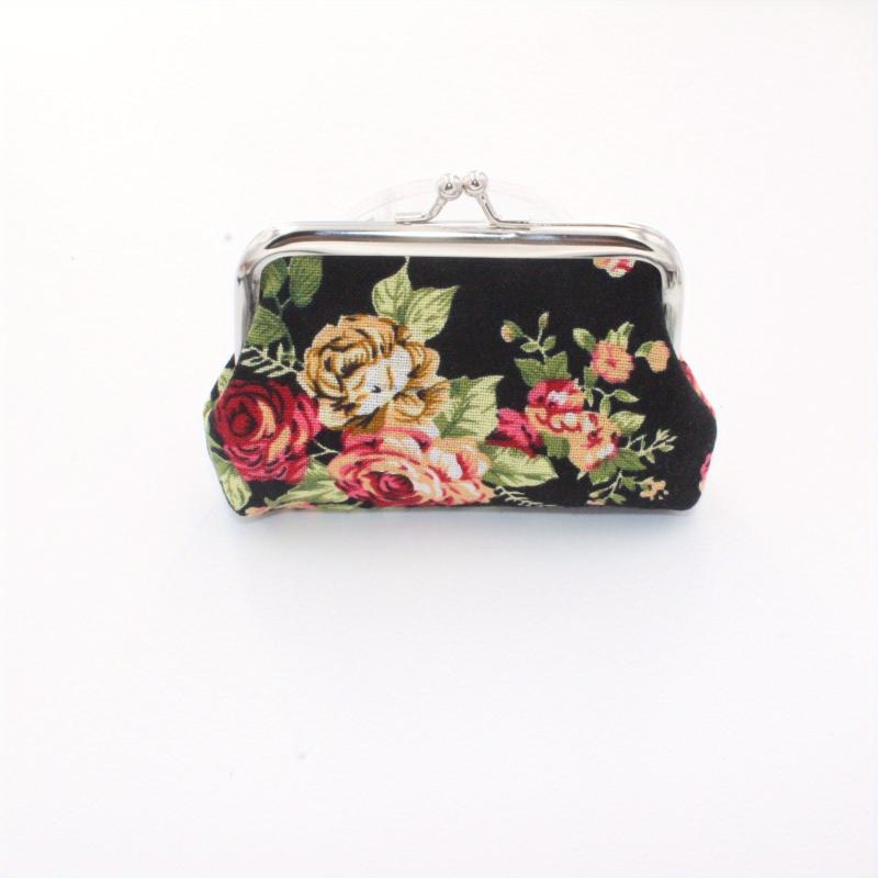 Vintage Rose Print Coin Purse Makeup Bag Kiss Lock Holder