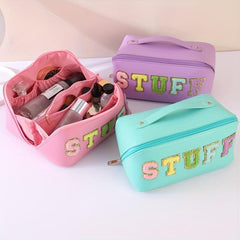 Preppy Patch Makeup Bag Large Capacity Waterproof PU Embroidery Chenille