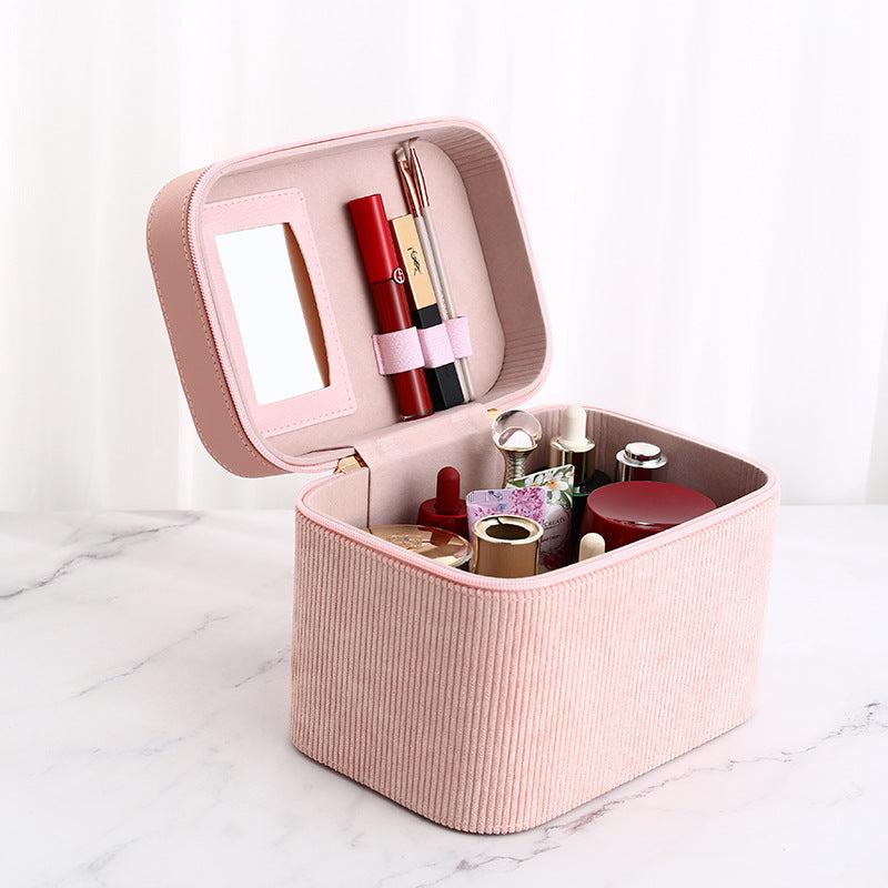 Corduroy Makeup Case Organizer Large Capacity Travel Bag with Mirror