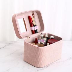 Corduroy Makeup Case Organizer Large Capacity Travel Bag with Mirror