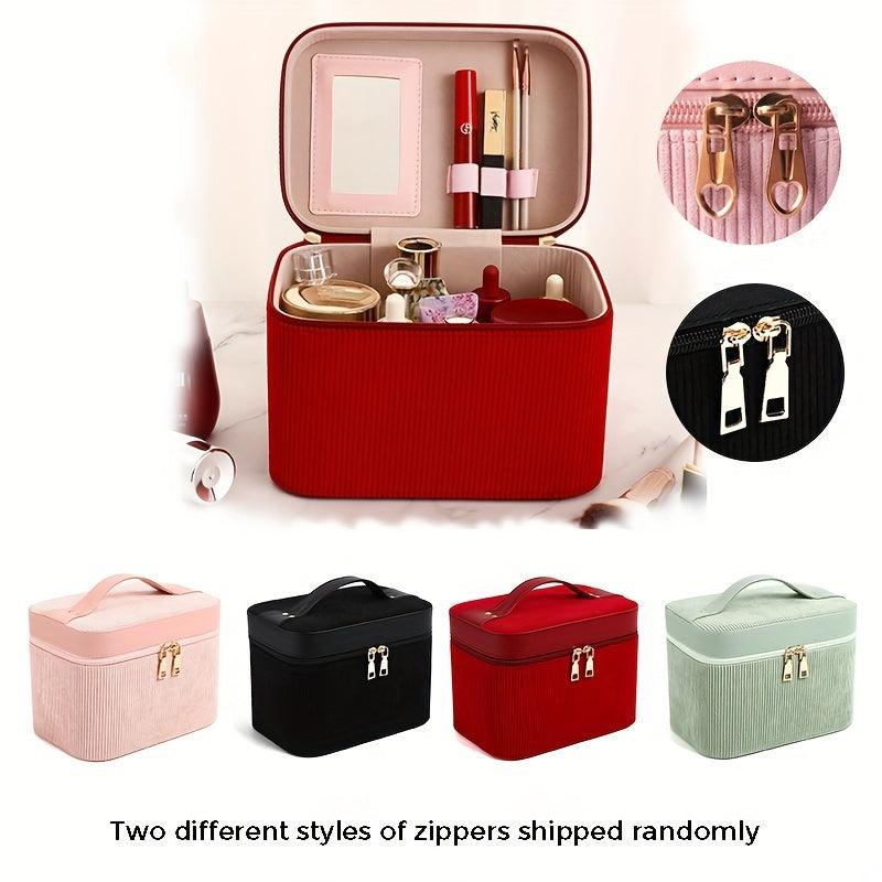 Corduroy Makeup Case Organizer Large Capacity Travel Bag with Mirror