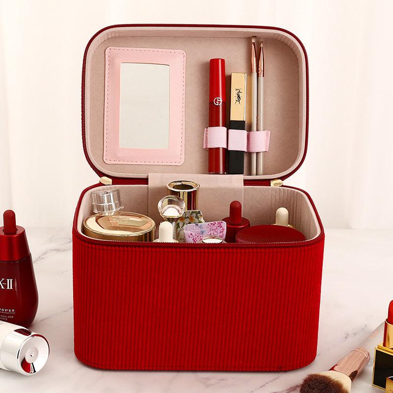 Corduroy Makeup Case Organizer Large Capacity Travel Bag with Mirror