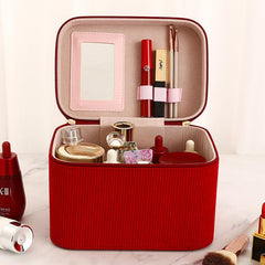 Corduroy Makeup Case Organizer Large Capacity Travel Bag with Mirror