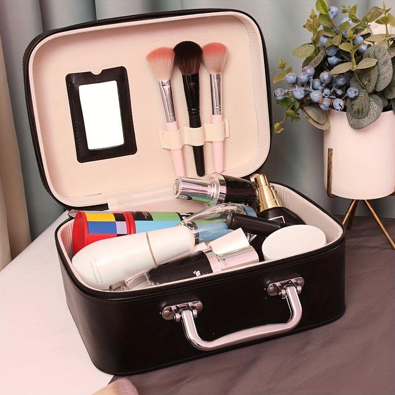 Leather Makeup Train Case with Mirror and Handle