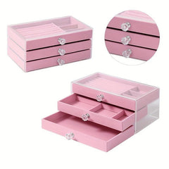 Velvet Jewelry Box with Crystal Handle Organizer for Women and Girls