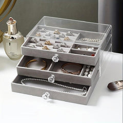 Velvet Jewelry Box with Crystal Handle Organizer for Women and Girls