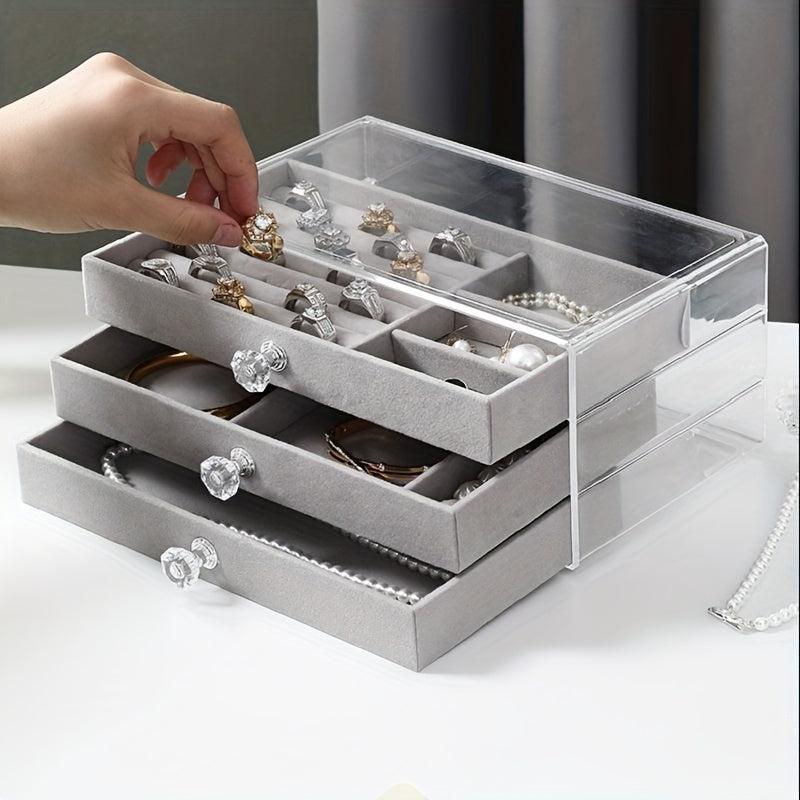 Velvet Jewelry Box with Crystal Handle Organizer for Women and Girls