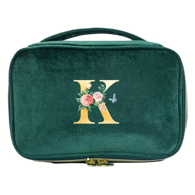 Green Velvet Makeup Bag Cosmetic Pouch with Initial Letter Print
