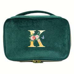 Green Velvet Makeup Bag Cosmetic Pouch with Initial Letter Print