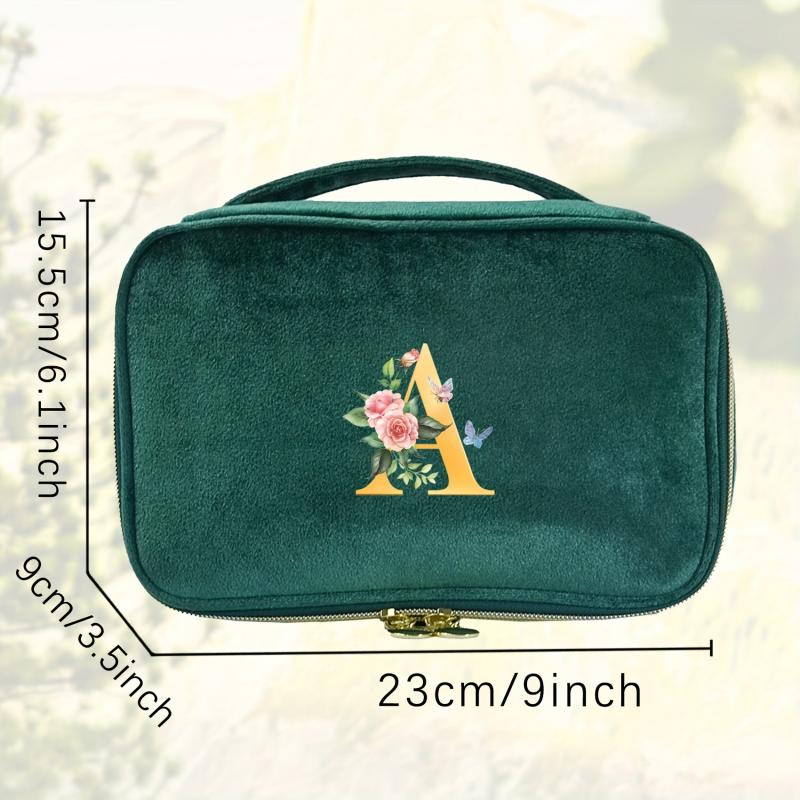 Green Velvet Makeup Bag Cosmetic Pouch with Initial Letter Print
