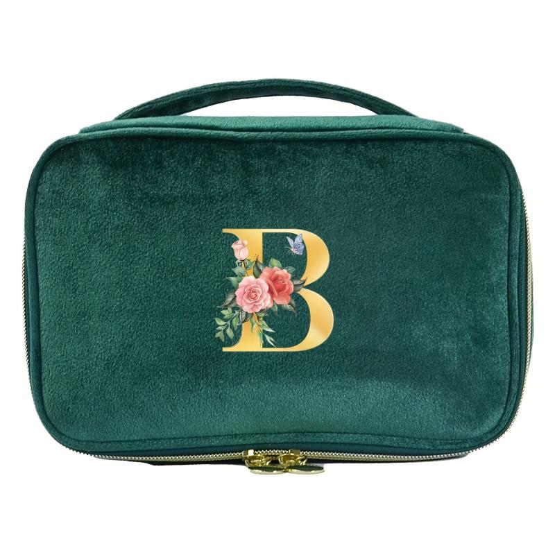 Green Velvet Makeup Bag Cosmetic Pouch with Initial Letter Print