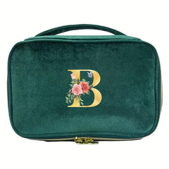 Green Velvet Makeup Bag Cosmetic Pouch with Initial Letter Print