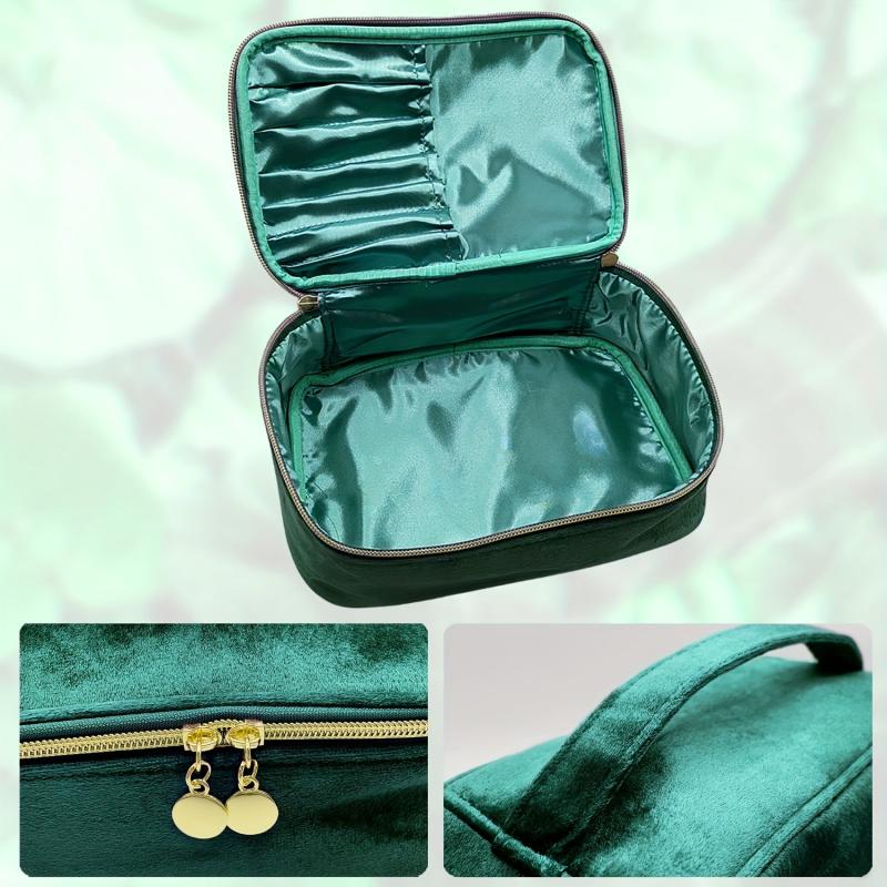 Green Velvet Makeup Bag Cosmetic Pouch with Initial Letter Print