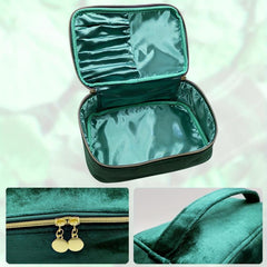 Green Velvet Makeup Bag Cosmetic Pouch with Initial Letter Print