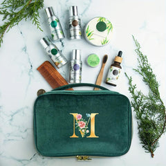 Green Velvet Makeup Bag Cosmetic Pouch with Initial Letter Print